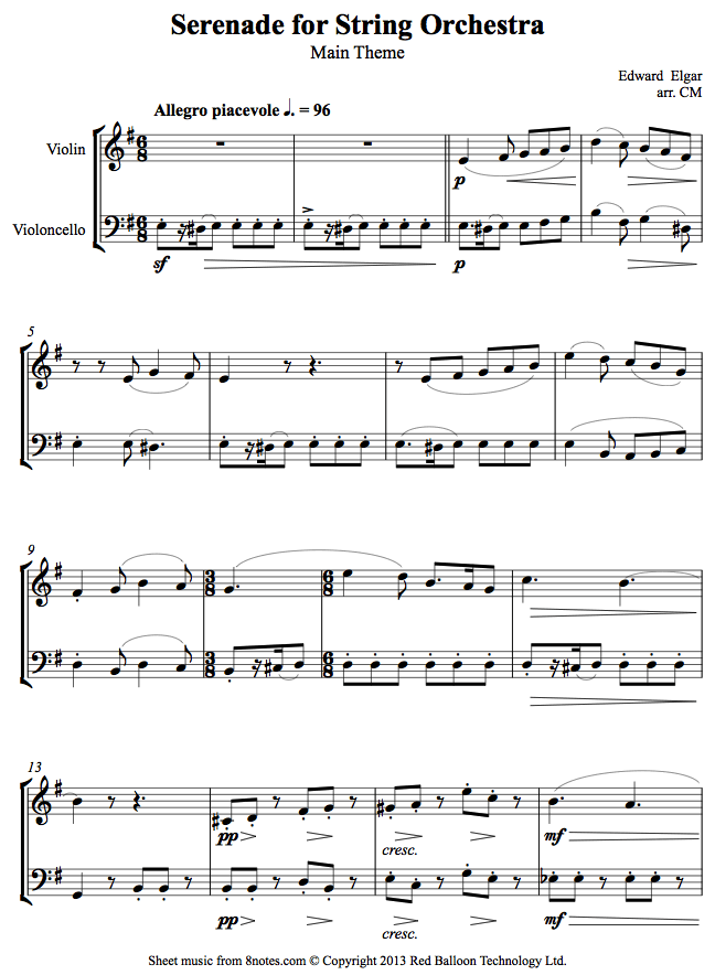 Elgar - Serenade for String Orchestra Main Theme sheet music for Violin-Cello Duet Elgar - Serenade for String Orchestra Main Theme sheet music for Violin-Cello Duet