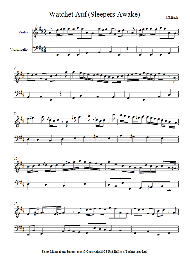 Bach - Watchet auf (Sleepers Awake) sheet music for Violin-Cello Duet Bach - Watchet auf (Sleepers Awake) sheet music for Violin-Cello Duet