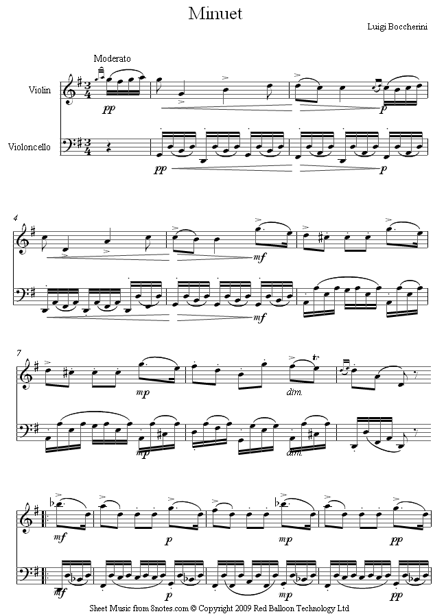 Boccherini Minuet and Trio sheet music for ViolinCello