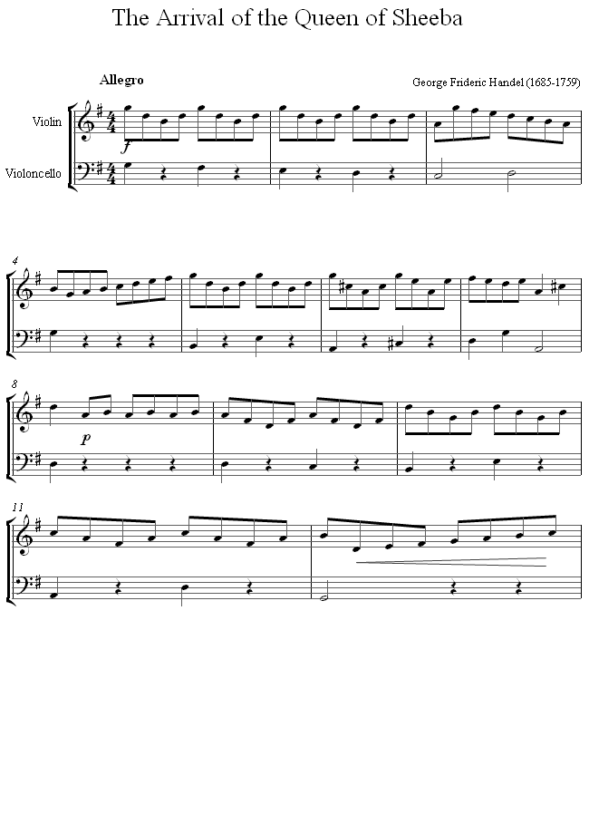 Handel - The Arrival of the Queen of Sheeba sheet music for Violin-Cello Duet Handel - The Arrival of the Queen of Sheeba sheet music for Violin-Cello Duet