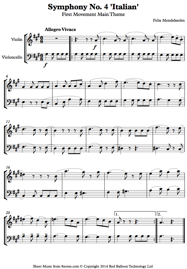 Mendelssohn - Symphony No. 4 'Italian' First Movement Main Theme sheet music for Violin-Cello Duet Mendelssohn - Symphony No. 4 'Italian' First Movement Main Theme sheet music for Violin-Cello Duet