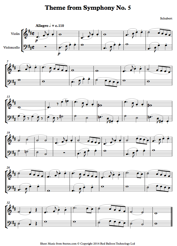 Schubert - Theme from Symphony No. 5 sheet music for Violin-Cello Duet Schubert - Theme from Symphony No. 5 sheet music for Violin-Cello Duet