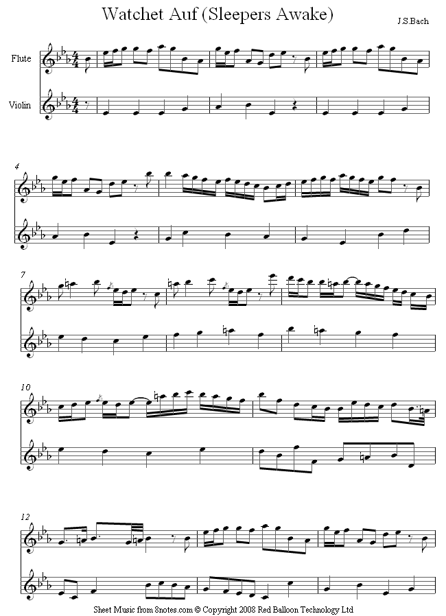 Bach - Watchet auf (Sleepers Awake) sheet music for Violin-Flute Duet Bach - Watchet auf (Sleepers Awake) sheet music for Violin-Flute Duet