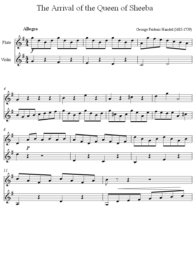 Handel - The Arrival of the Queen of Sheba sheet music for Violin-Flute Duet Handel - The Arrival of the Queen of Sheba sheet music for Violin-Flute Duet