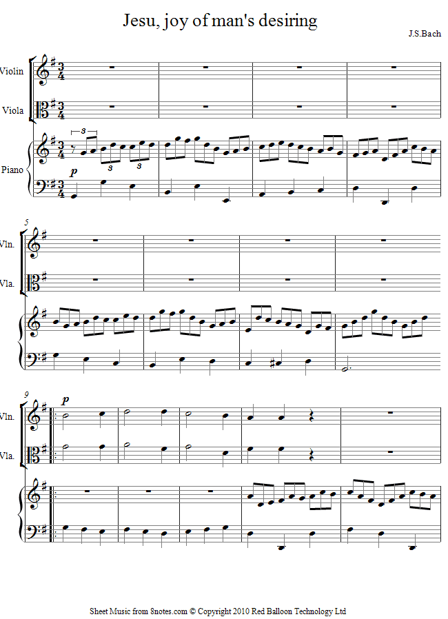 Bach - Jesu Joy of Mans Desiring (version with piano) sheet music for Violin-Viola Duet Bach - Jesu Joy of Mans Desiring (version with piano) sheet music for Violin-Viola Duet
