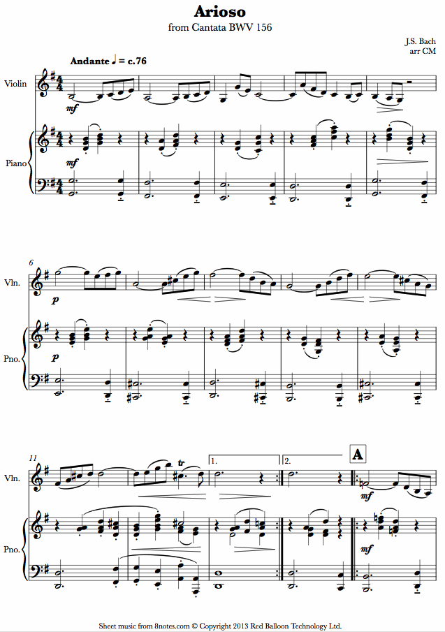 Bach - Arioso from Cantata BWV 156 sheet music for Violin Bach - Arioso from Cantata BWV 156 sheet music for Violin