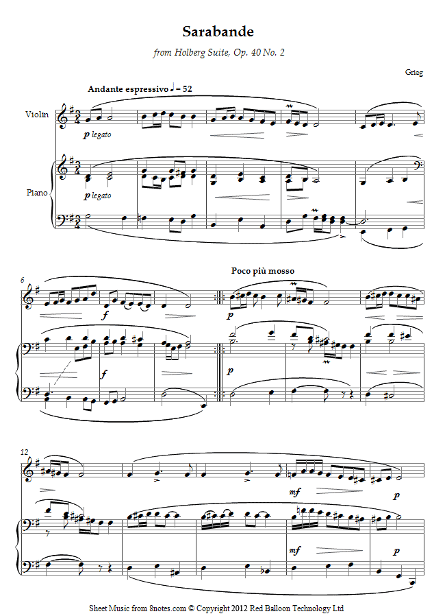 Grieg - Sarabande from Holberg Suite, Op. 40 No. 2 sheet music for Violin Grieg - Sarabande from Holberg Suite, Op. 40 No. 2 sheet music for Violin