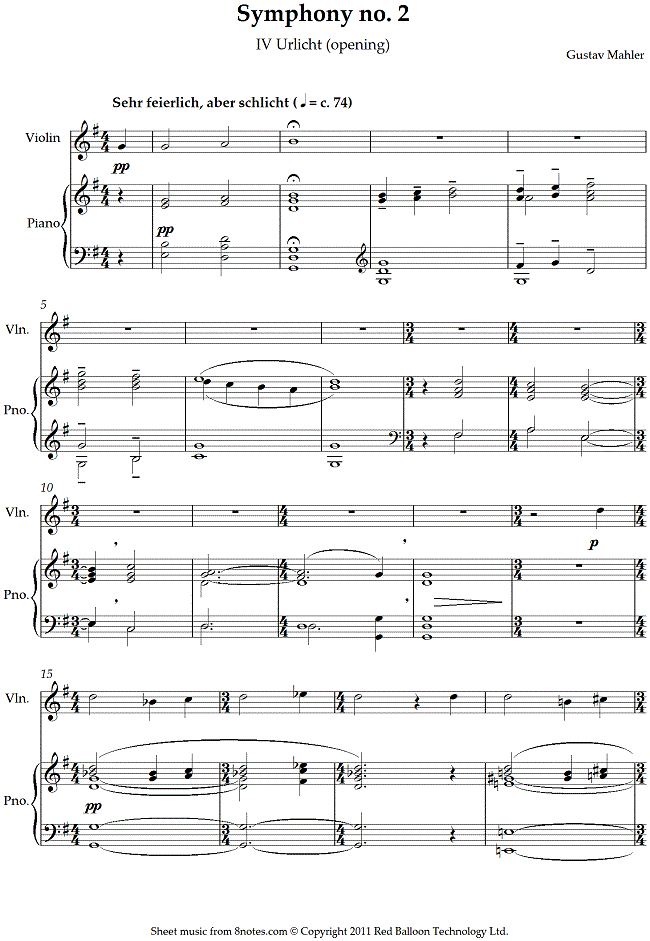 Mahler - Symphony no. 2 IV Urlicht (opening) sheet music for Violin Mahler - Symphony no. 2 IV Urlicht (opening) sheet music for Violin