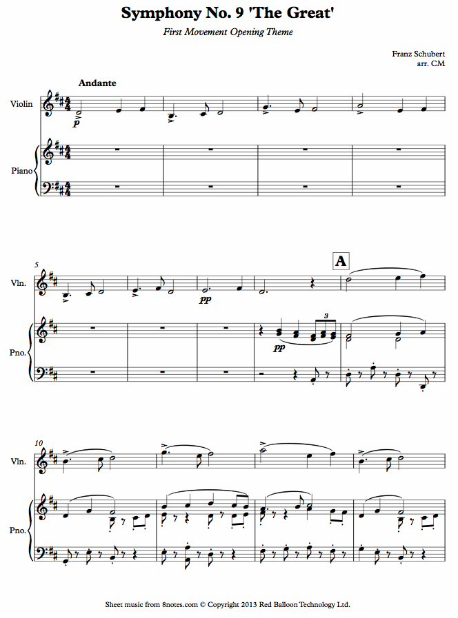 Schubert - Symphony No. 9 The Great First Movement Opening Theme sheet music for Violin Schubert - Symphony No. 9 The Great First Movement Opening Theme sheet music for Violin