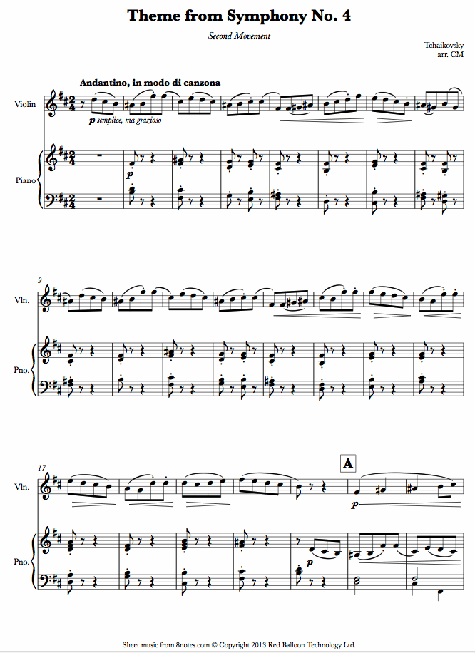 Tchaikovsky - Theme from Symphony No.4 2nd mvt sheet music for Violin Tchaikovsky - Theme from Symphony No.4 2nd mvt sheet music for Violin