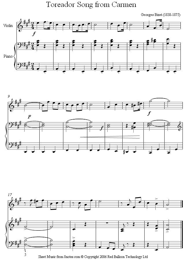Bizet - Toreador Song from Carmen sheet music for Violin Bizet - Toreador Song from Carmen sheet music for Violin