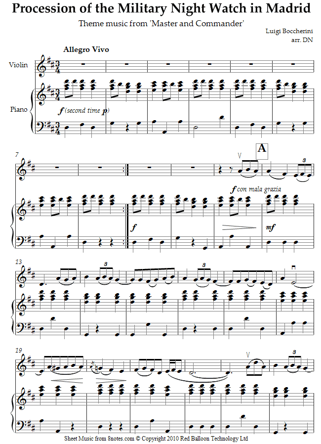 Luigi Boccherini - Procession of the Military Night Watch in Madrid (Theme from Master and Commander ) sheet music for Violin Luigi Boccherini - Procession of the Military Night Watch in Madrid (Theme from Master and Commander ) sheet music for Violin