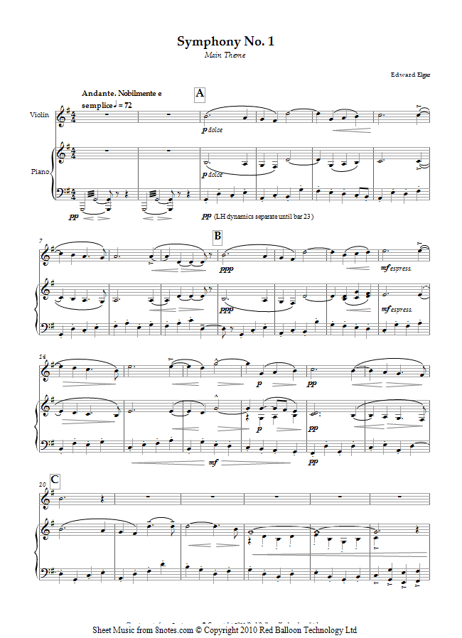 Elgar - Symphony No. 1 Opening Theme sheet music for Violin Elgar - Symphony No. 1 Opening Theme sheet music for Violin