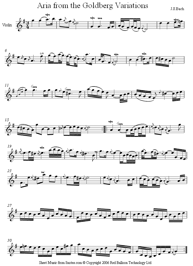 Bach - Aria from Goldberg Variations sheet music for Violin Bach - Aria from Goldberg Variations sheet music for Violin