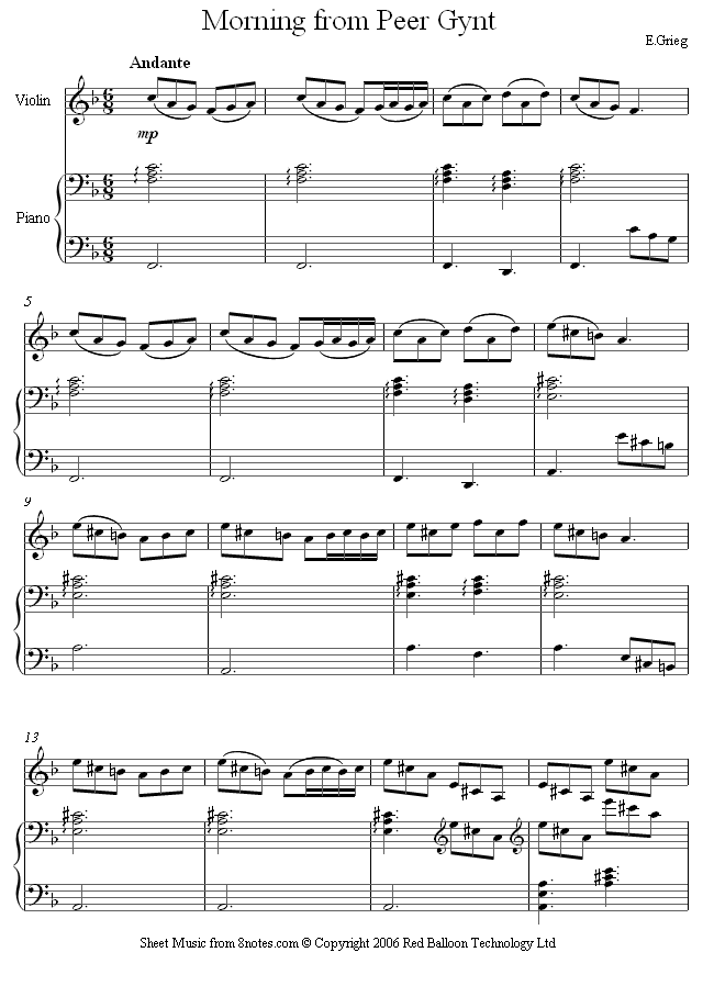 Grieg - Morning from Peer Gynt sheet music for Violin Grieg - Morning from Peer Gynt sheet music for Violin