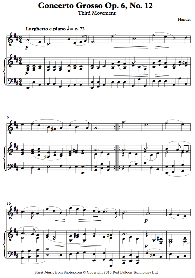 Handel Concerto Grosso Op. 6, No. 12 sheet music for Violin