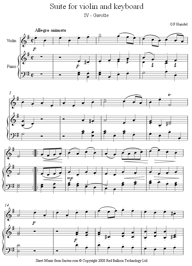 Handel - Suite for Violin and Keyboard 4 - Gavotte sheet music for Violin Handel - Suite for Violin and Keyboard 4 - Gavotte sheet music for Violin