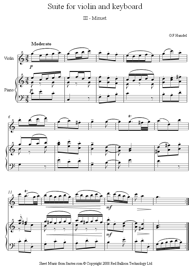 Handel - Suite for Violin and Keyboard 3 - Minuet sheet music for Violin Handel - Suite for Violin and Keyboard 3 - Minuet sheet music for Violin