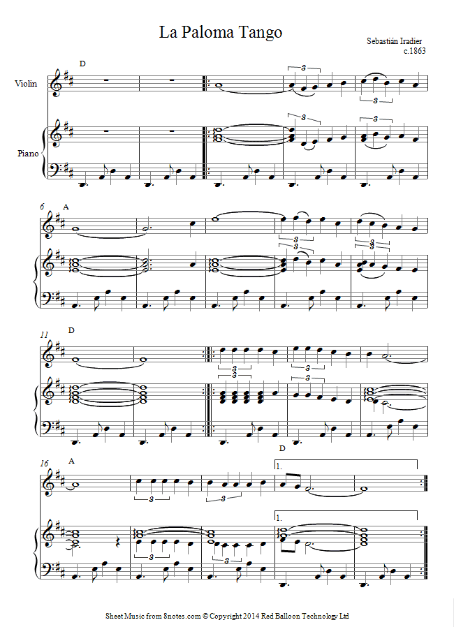 Sebastián Iradier - La Paloma (Tango) sheet music for Violin Sebastián Iradier - La Paloma (Tango) sheet music for Violin