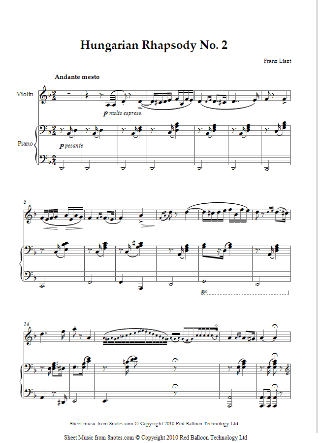 Liszt - Hungarian Rhapsody No. 2 sheet music for Violin Liszt - Hungarian Rhapsody No. 2 sheet music for Violin