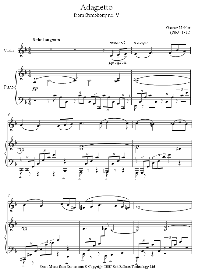 Mahler - Adagietto from Symphony No.5 sheet music for Violin Mahler - Adagietto from Symphony No.5 sheet music for Violin