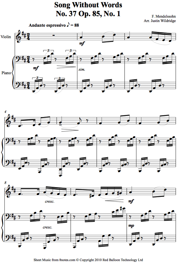 Mendelssohn - Song Without Words No. 37 Op. 85, No. 1 sheet music for Violin Mendelssohn - Song Without Words No. 37 Op. 85, No. 1 sheet music for Violin
