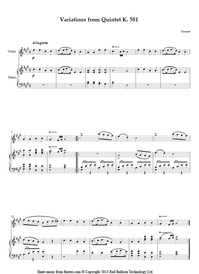 Mozart Variations from Quintet K. 581 sheet music for Violin