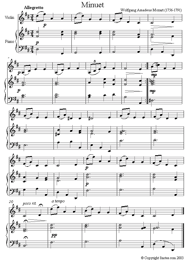 Mozart Minuet sheet music for Violin