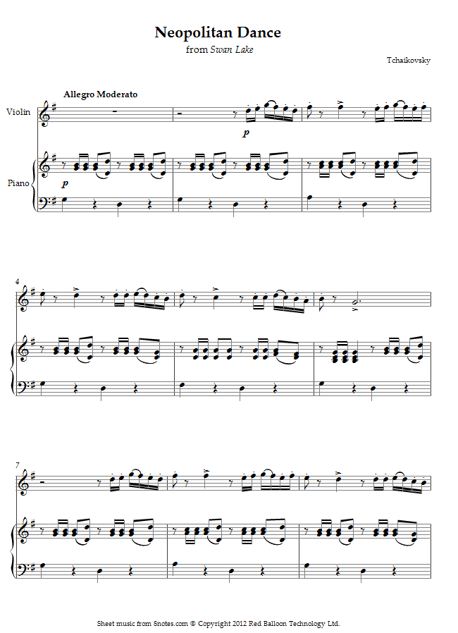 Tchaikovsky - Neopolitan Dance from Swan Lake sheet music for Violin Tchaikovsky - Neopolitan Dance from Swan Lake sheet music for Violin