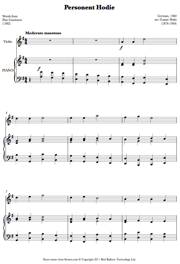 Holst - Personent Hodie (Words from Piae Cantiones) sheet music for Violin Holst - Personent Hodie (Words from Piae Cantiones) sheet music for Violin