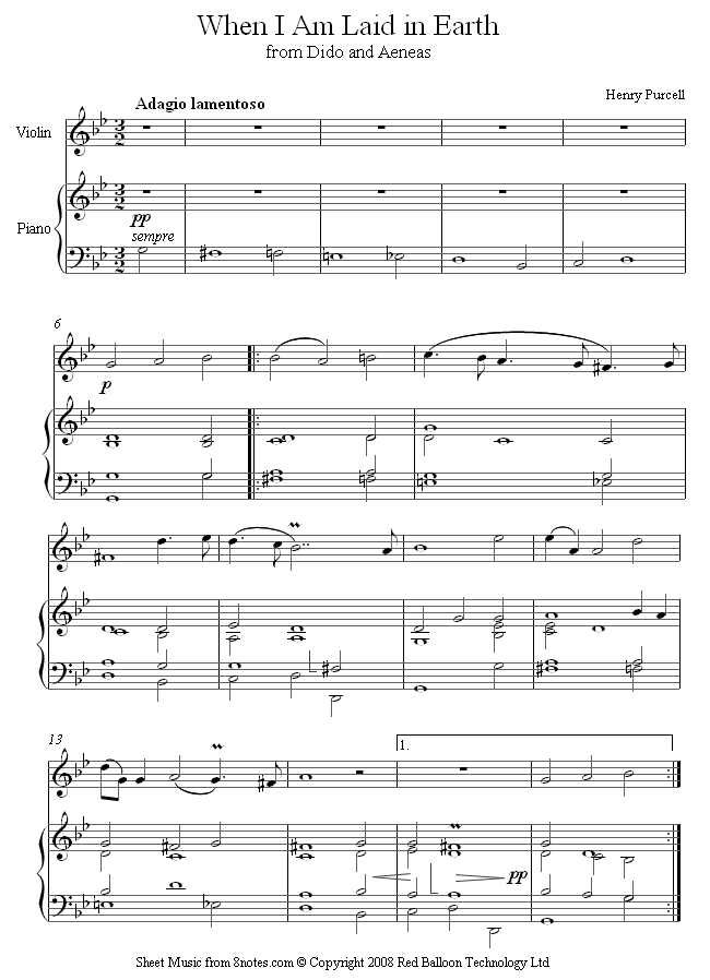 Purcell - When I Am Laid in Earth sheet music for Violin Purcell - When I Am Laid in Earth sheet music for Violin