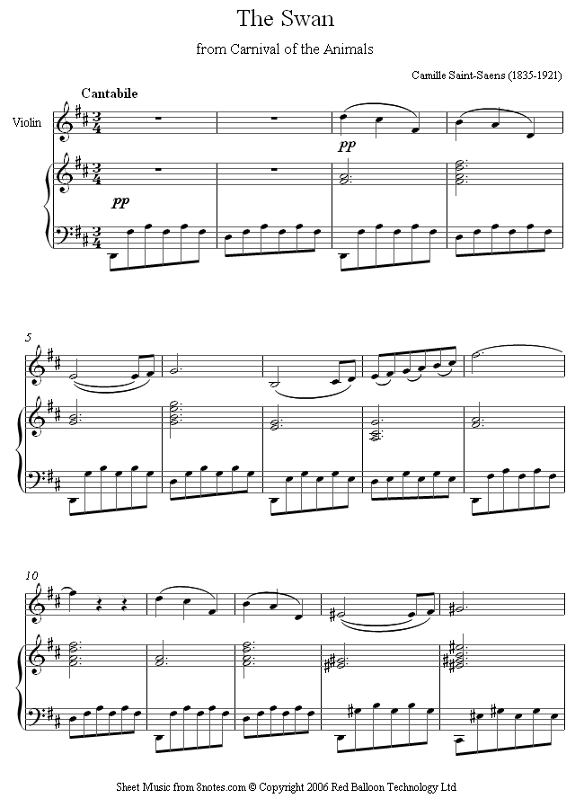 Saint-Saëns - The Swan from Carnival of the Animals sheet music for Violin Saint-Saëns - The Swan from Carnival of the Animals sheet music for Violin