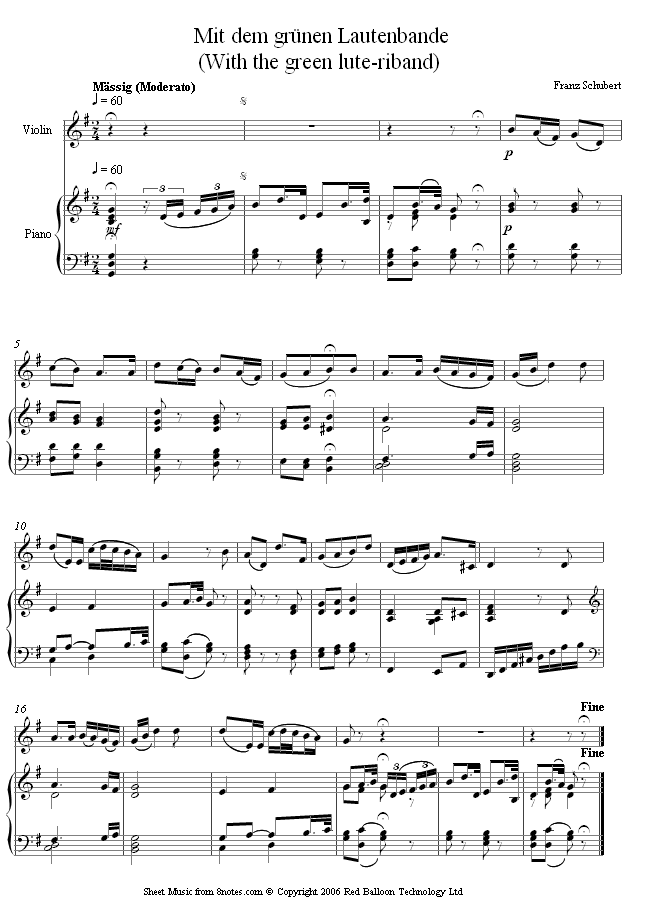 Schubert - With the green lute-riband sheet music for Violin Schubert - With the green lute-riband sheet music for Violin