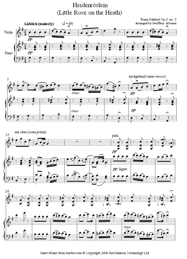 Schubert - Heidenroslein - Little Rose on the Heath Op.3 No.3 sheet music for Violin Schubert - Heidenroslein - Little Rose on the Heath Op.3 No.3 sheet music for Violin