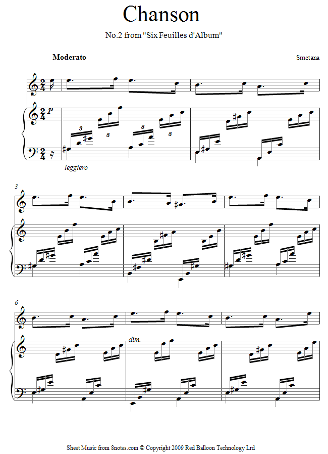 Smetana - Chanson no.2 from Six Feuilles d'Album sheet music for Violin Smetana - Chanson no.2 from Six Feuilles d'Album sheet music for Violin