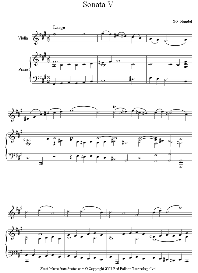 Handel - Sonata V 3rd mvt Largo sheet music for Violin Handel - Sonata V 3rd mvt Largo sheet music for Violin