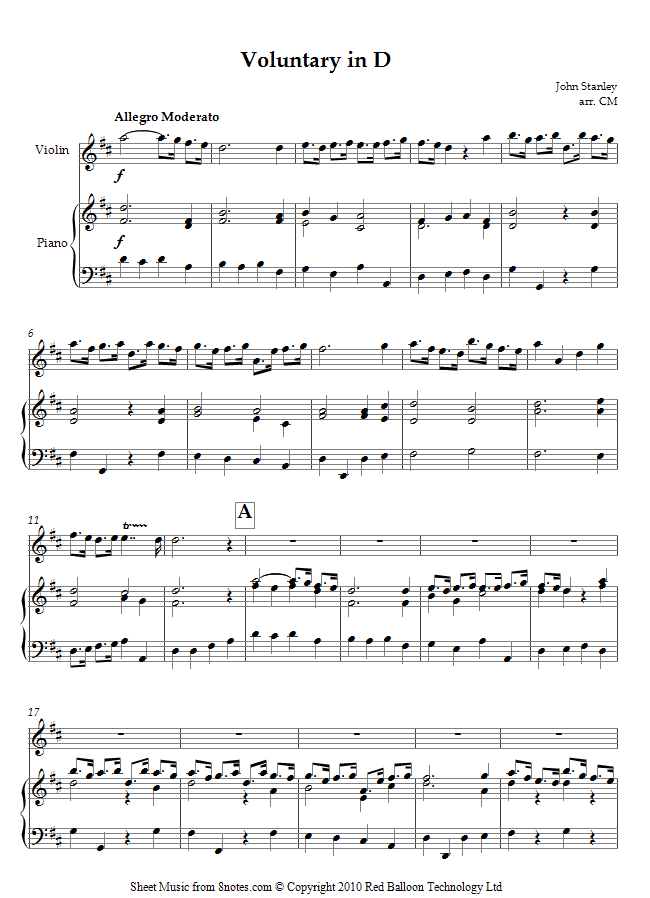 John Stanley - Voluntary in D sheet music for Violin John Stanley - Voluntary in D sheet music for Violin