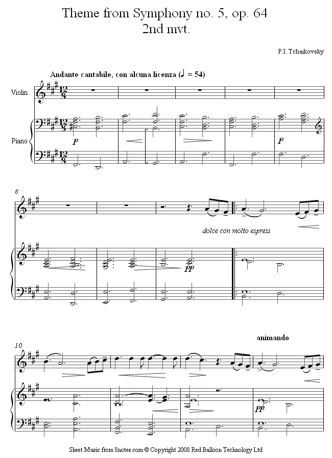 Tchaikovsky - Theme from Symphony no.5 op.64 2nd mvt sheet music for Violin Tchaikovsky - Theme from Symphony no.5 op.64 2nd mvt sheet music for Violin