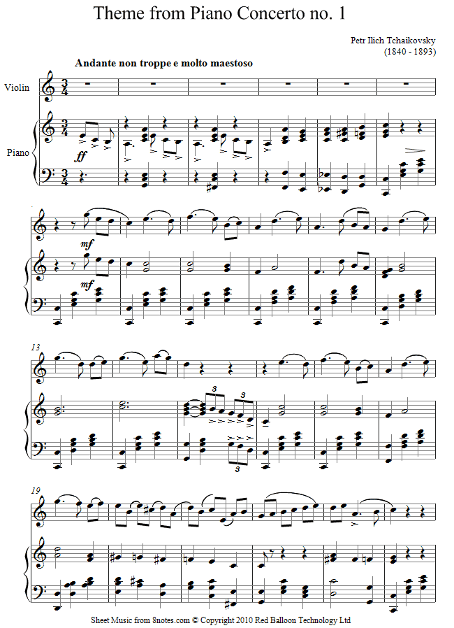 Tchaikovsky - Theme from Piano Concerto No.1 sheet music for Violin Tchaikovsky - Theme from Piano Concerto No.1 sheet music for Violin