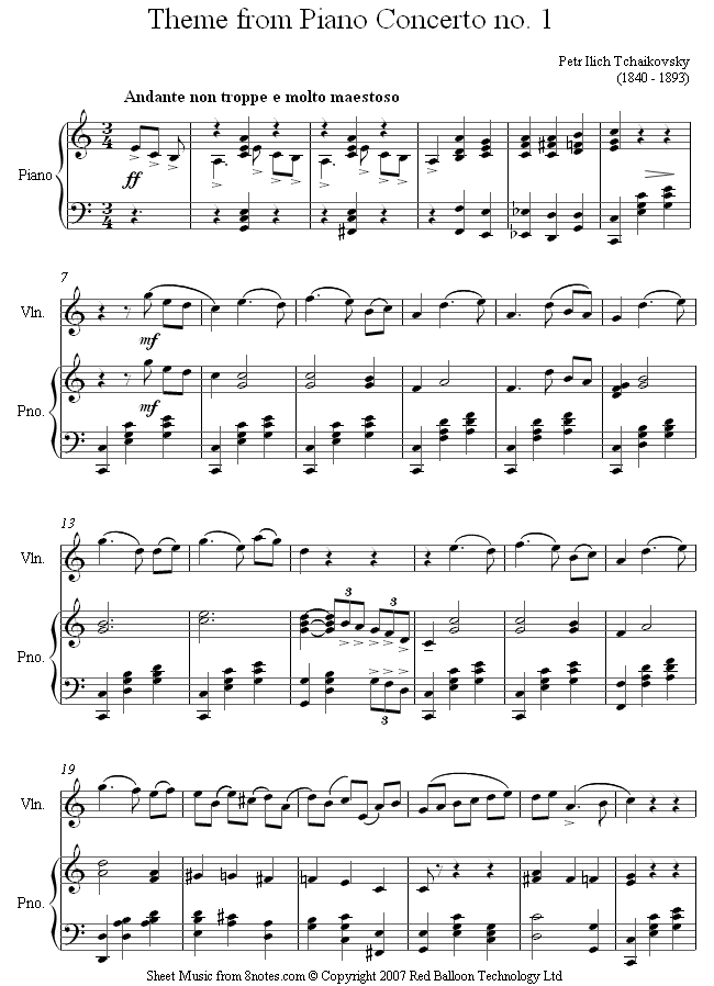 Tchaikovsky - Theme from Piano Concerto No.1 sheet music for Violin Tchaikovsky - Theme from Piano Concerto No.1 sheet music for Violin