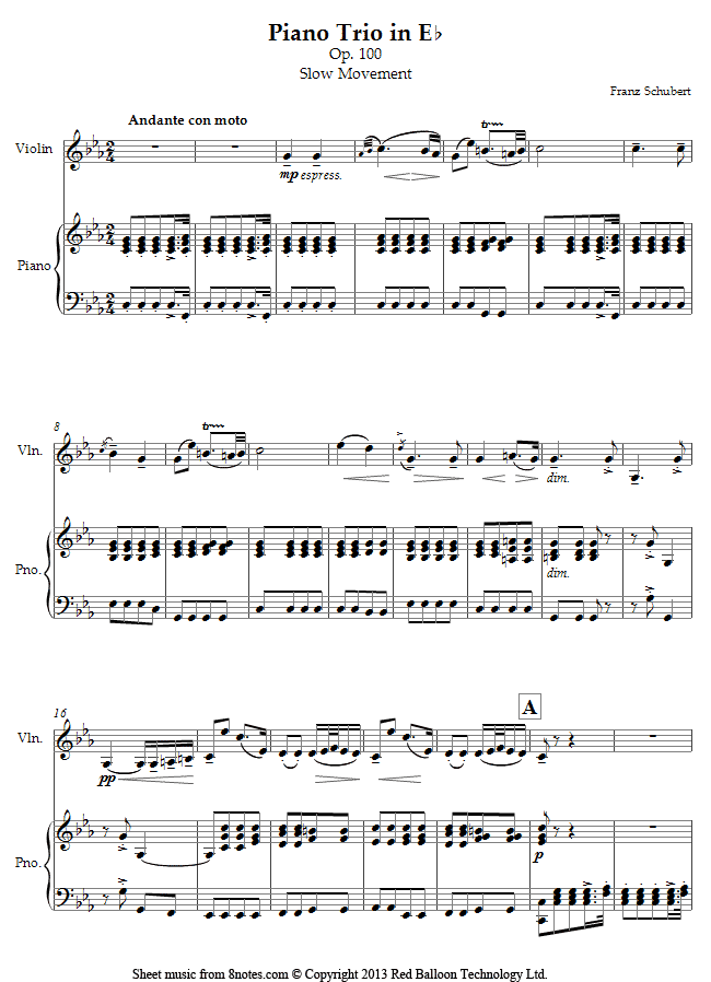 Schubert - Piano Trio in Eb Op.100 Slow movement (arranged for violin and piano) sheet music for Violin Schubert - Piano Trio in Eb Op.100 Slow movement (arranged for violin and piano) sheet music for Violin