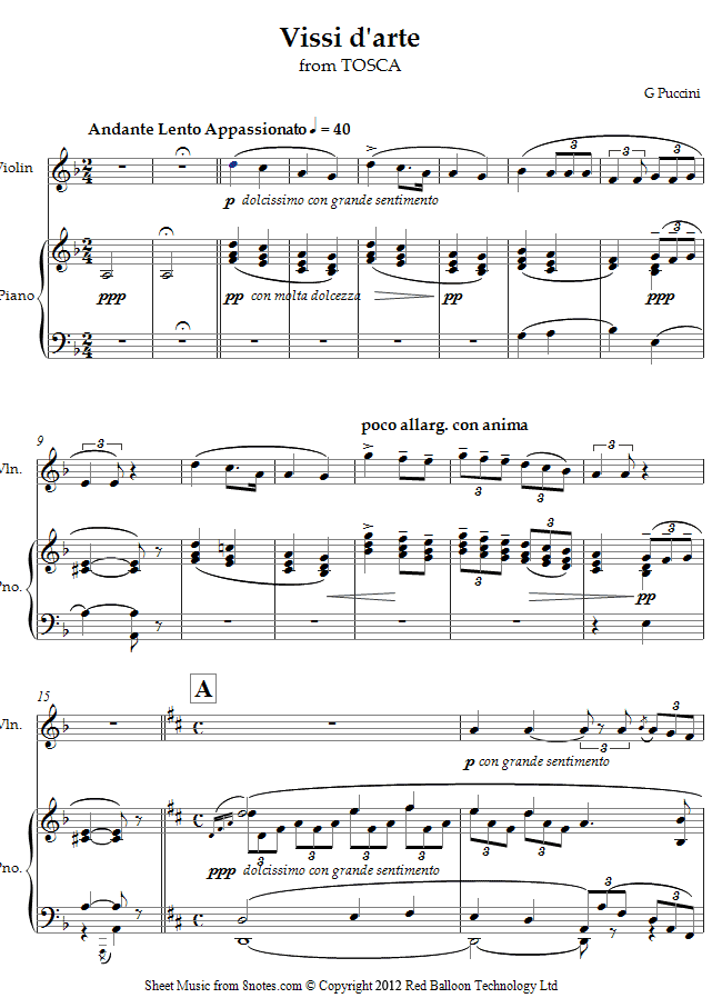 Puccini - Vissi d`arte from Tosca sheet music for Violin Puccini - Vissi d`arte from Tosca sheet music for Violin