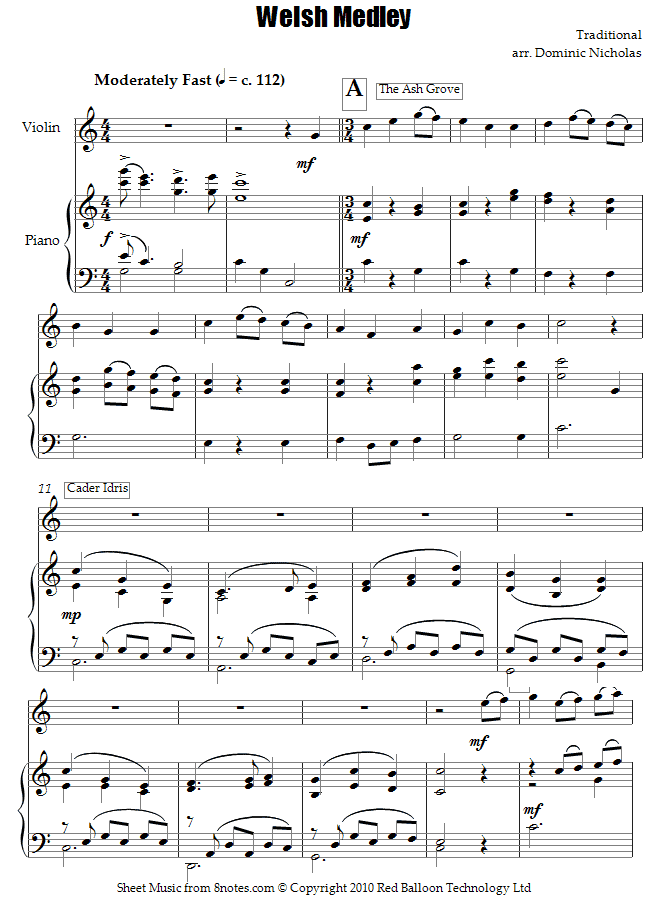 Welsh Folk Song Medley sheet music for Violin Welsh Folk Song Medley sheet music for Violin