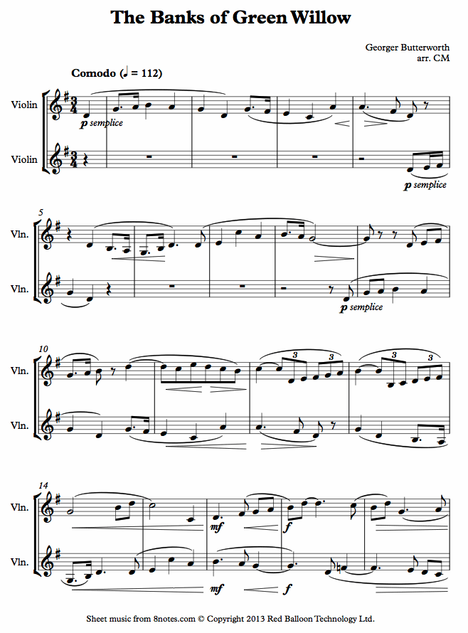 Butterworth - The Banks of Green Willow sheet music for Violin Duet Butterworth - The Banks of Green Willow sheet music for Violin Duet