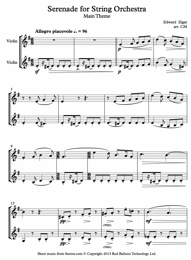 Elgar - Serenade for String Orchestra Main Theme sheet music for Violin Duet Elgar - Serenade for String Orchestra Main Theme sheet music for Violin Duet