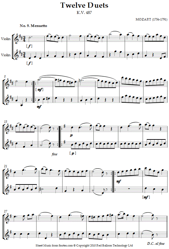 Mozart Twelve Duets k.487 no.9 sheet music for Violin Duet
