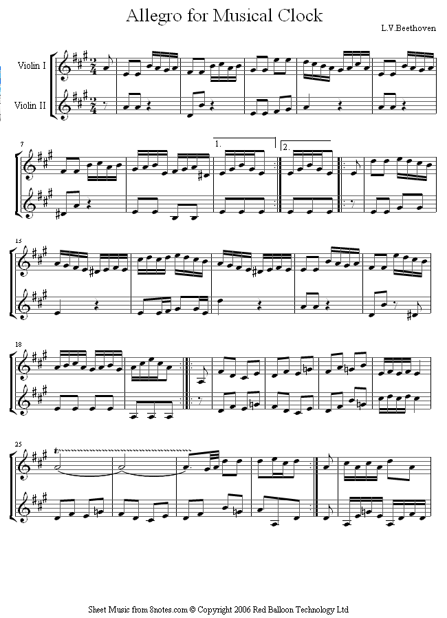 Beethoven Allegro for a Musical Clock sheet music for Violin Duet