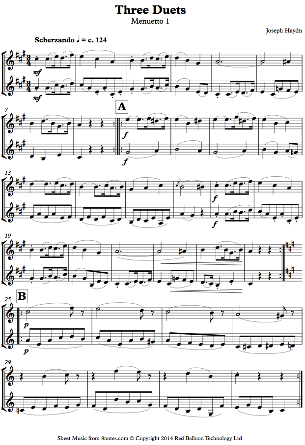Haydn - Three Duets - Menuetto 1 sheet music for Violin Duet Haydn - Three Duets - Menuetto 1 sheet music for Violin Duet