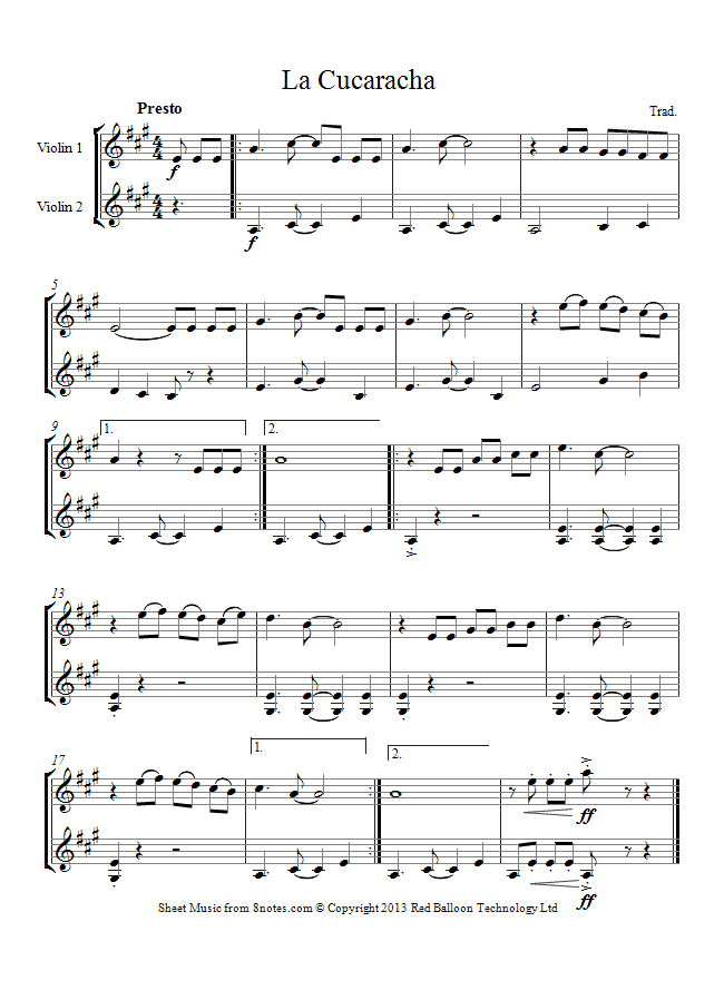 song duet la cucaracha mexico sheet for violin duet 8notes song duet la cucaracha mexico sheet for violin duet 8notes