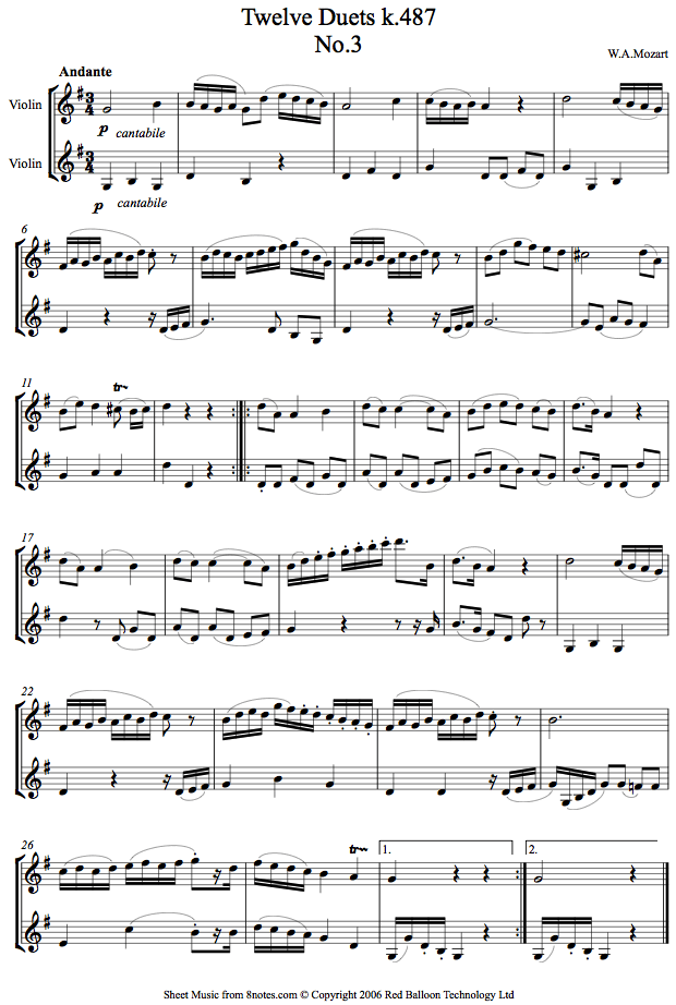 Mozart Twelve Duets k.487 no.3 sheet music for Violin Duet